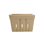 Beige rectangular berry basket with decorative cutouts on a white background
