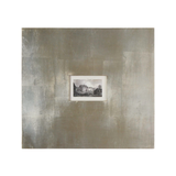 framed black-and-white architectural building print with wide champagne silver leaf frames and light brown glaze