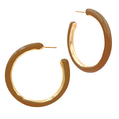 polished gold open hoop earrings with a smooth, rounded design displayed on a white background.
