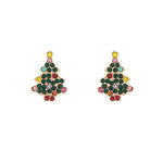 Gold Christmas tree stud earrings embellished with colorful gemstones, festive holiday jewelry.