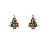 Gold Christmas tree stud earrings embellished with colorful gemstones, festive holiday jewelry.