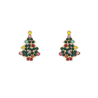 Gold Christmas tree stud earrings embellished with colorful gemstones, festive holiday jewelry.