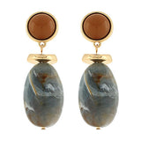 gold and stone oval drop earrings with marbled gray-blue stones and round brown studs displayed on a white background.