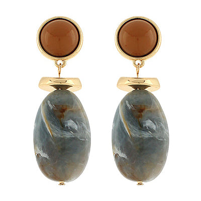 gold and stone oval drop earrings with marbled gray-blue stones and round brown studs displayed on a white background.