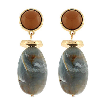gold and stone oval drop earrings with marbled gray-blue stones and round brown studs displayed on a white background.