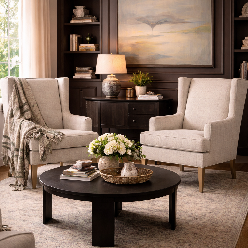 Living room with two armchairs, a coffee table, and decorative elements.