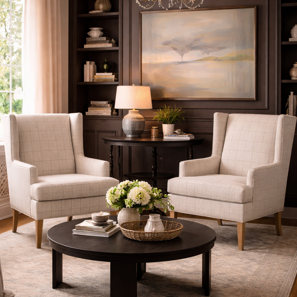 Living room with two armchairs, a coffee table, and decorative elements.