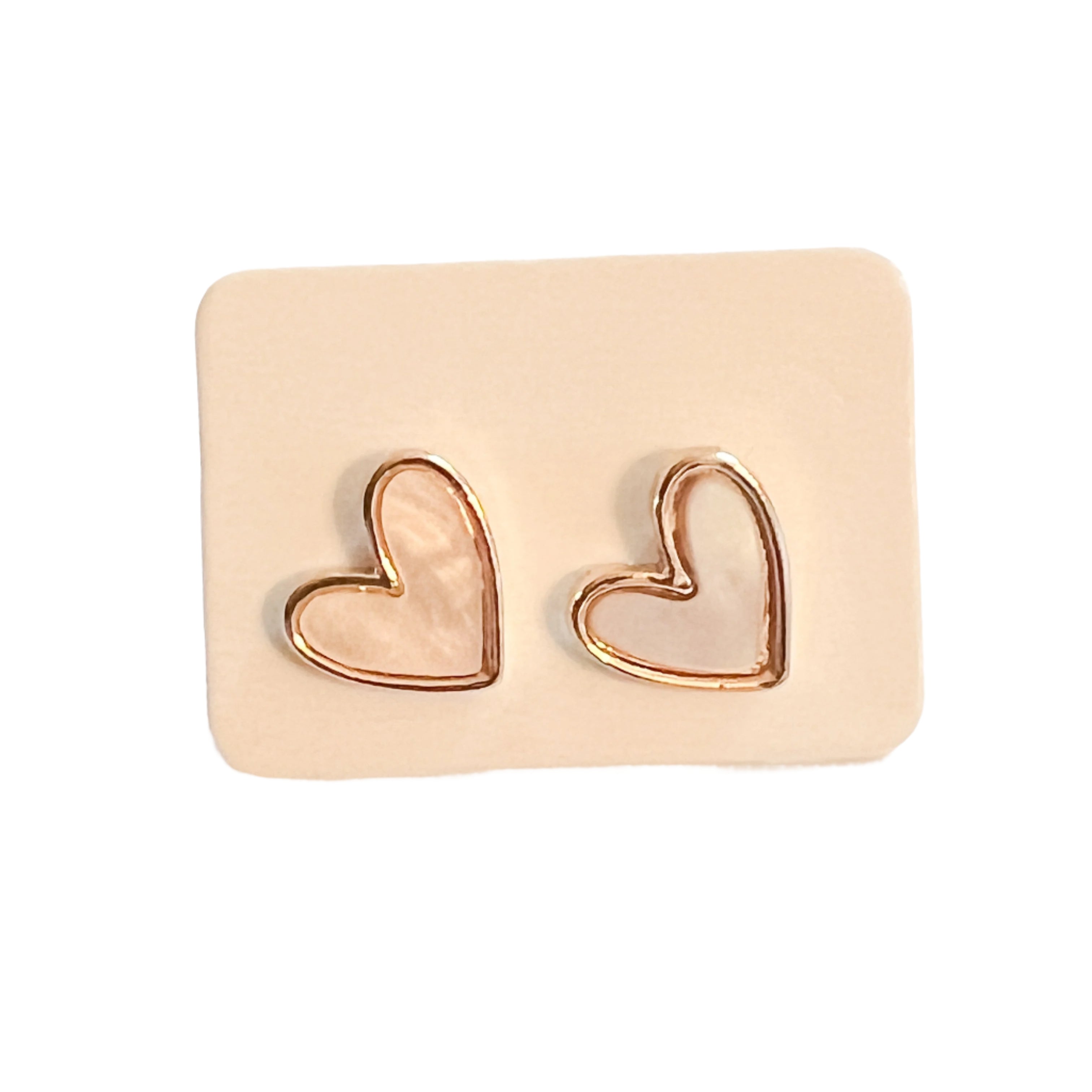 heart stud earrings, gold outline, shell center