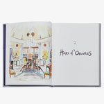 Open  Bergdorf Goodman Cookbook book with illustration of a dining room and text 'Hors d'Oeuvres' on a white background