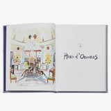 Open  Bergdorf Goodman Cookbook book with illustration of a dining room and text 'Hors d'Oeuvres' on a white background