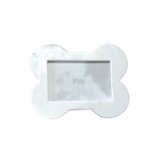 white marble picture frame in the shape of a dog bone on a white background