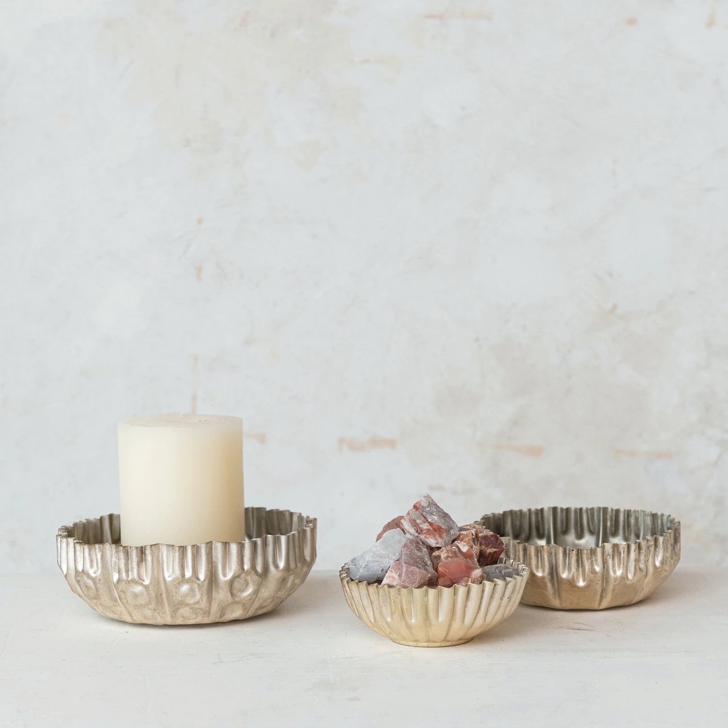 round decorative metal fluted bowl, three sizes