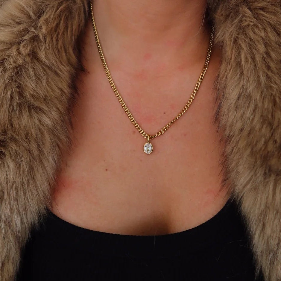 Woman wearing sunglasses, fur coat, and black top against a white background