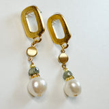 gold, pearl and blue bead dangle earrings