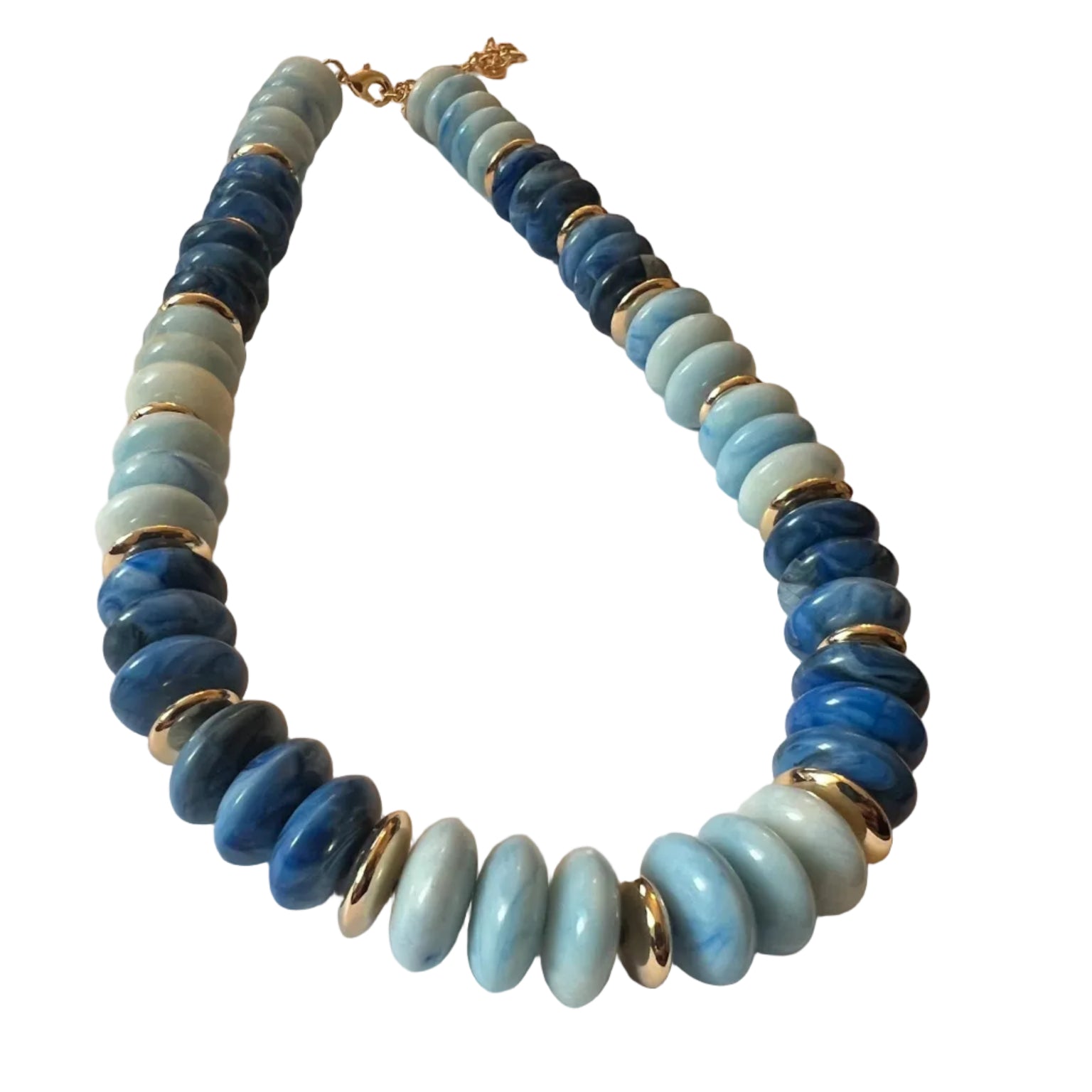 Necklace with blue and light blue beads on a white surface