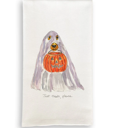 White Hand Towel with Illustration of a ghost dog holding a Halloween pumpkin with 'Just Treats, Please' text.