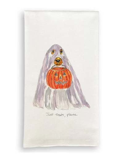 White Hand Towel with Illustration of a ghost dog holding a Halloween pumpkin with 'Just Treats, Please' text.