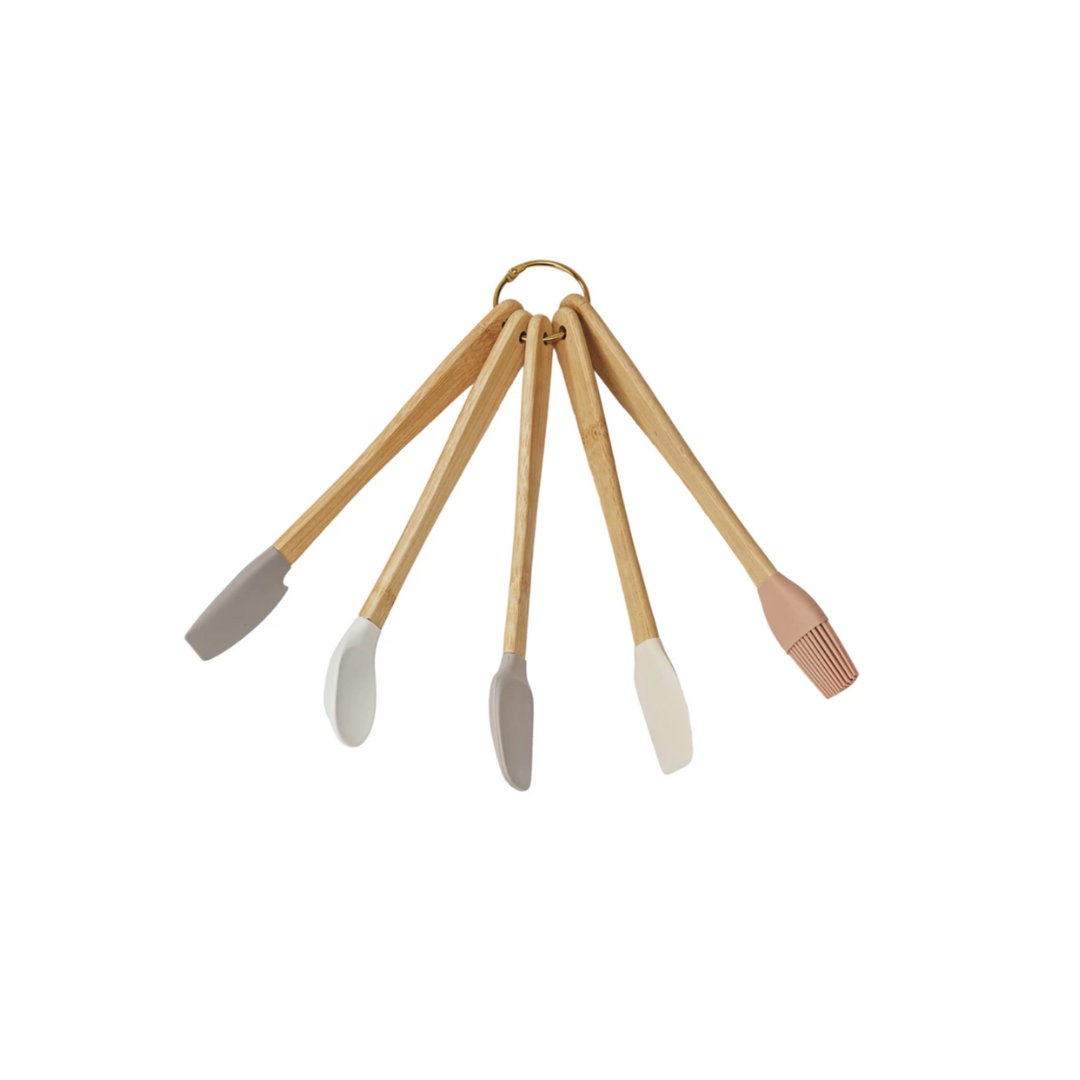 Silicone & Beech Wood Mini Kitchen Utensils Neutrals, Set of 5