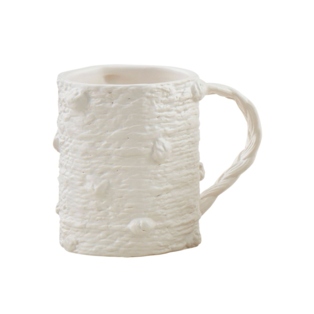 white woven ceramic mug, knot design