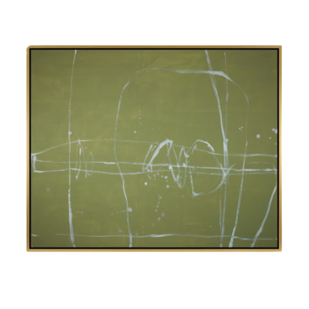 Hand-painted abstract artwork featuring white linework and splatter details on a chartreuse background, framed in Laguna Gold, 42x52 inches.
