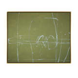 Hand-painted abstract artwork featuring white linework and splatter details on a chartreuse background, framed in Laguna Gold, 42x52 inches.