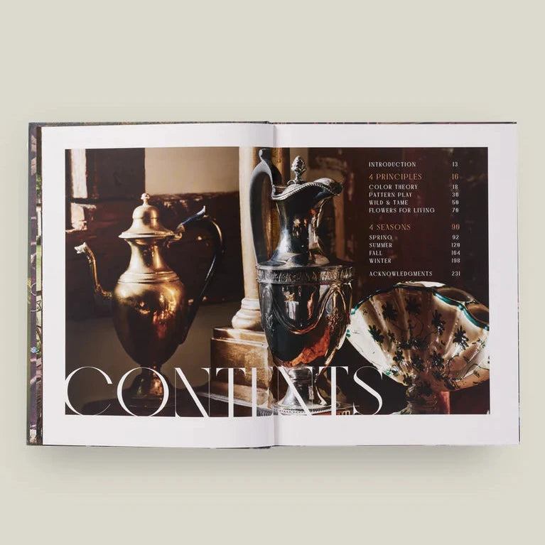 Open book showing images of decorative urns with 'CONTENTS' text.