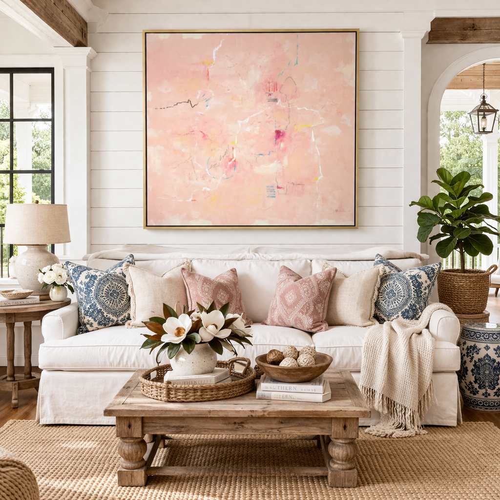 Living room with a white sofa, decorative pillows, a wooden coffee table, and abstract art on the wall.