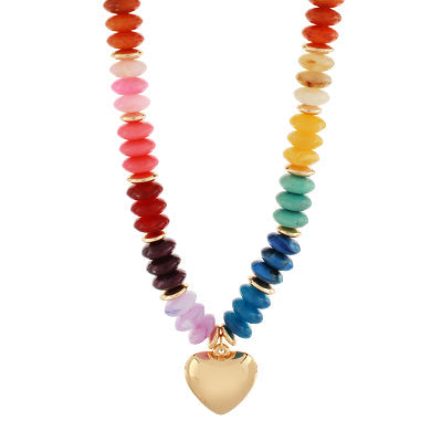 Multicolored beaded necklace with a gold heart pendant on a white background