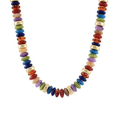 Multicolored beaded necklace on a white background