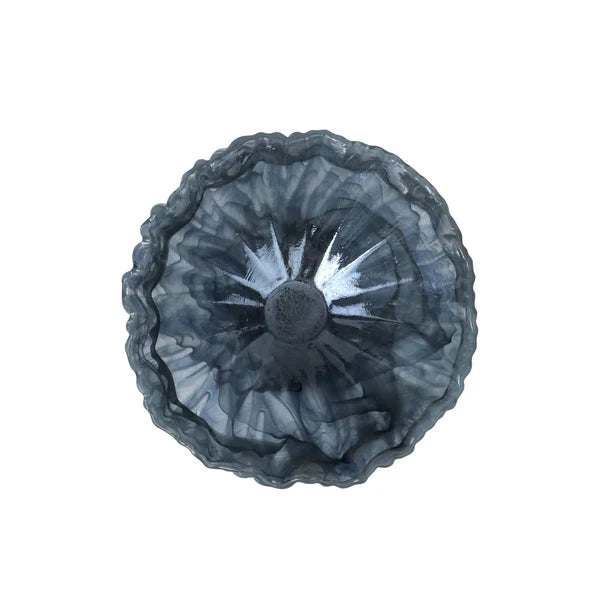 A round, dark gray onda glass bowl with a textured, starburst-like pattern and a scalloped rim, shown from a top-down perspective on a white background.