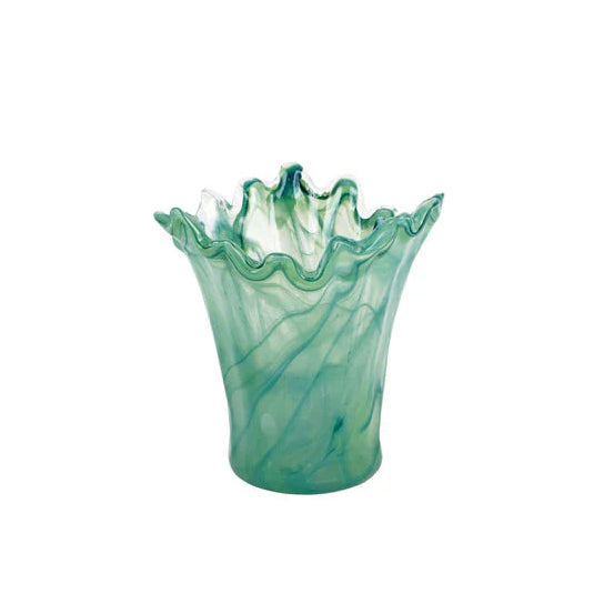 Green onda glass vase with wavy design on a white background