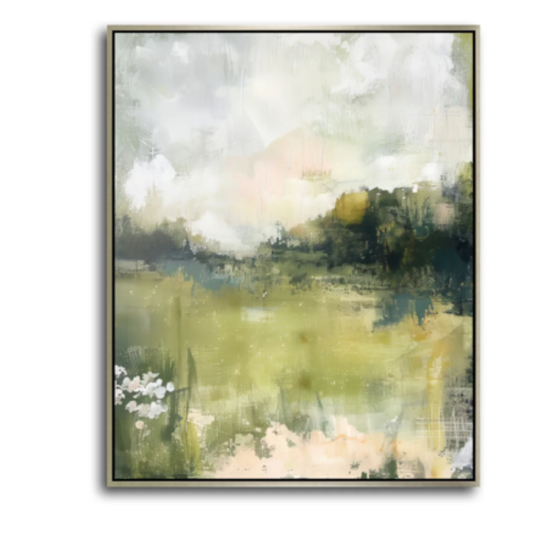 Hand-painted abstract landscape artwork in layered green, cream, and blush tones with soft texture and depth, framed in Laguna Silver, 42x52 inches.