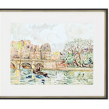 Framed watercolor art print of La Place Dauphine in Paris, capturing a vibrant riverscape with intricate architecture and lush trees. Dimensions: 27" H x 33" W x 2" D.