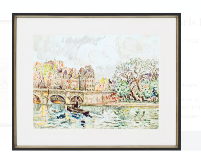 Framed watercolor art print of La Place Dauphine in Paris, capturing a vibrant riverscape with intricate architecture and lush trees. Dimensions: 27" H x 33" W x 2" D.