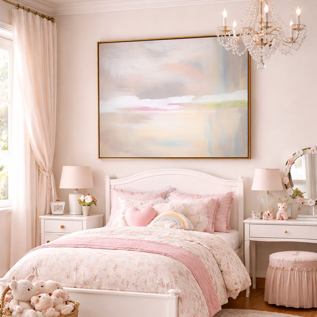Pink and white bedroom with a bed, dresser, and abstract painting on the wall.