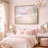 Pink and white bedroom with a bed, dresser, and abstract painting on the wall.