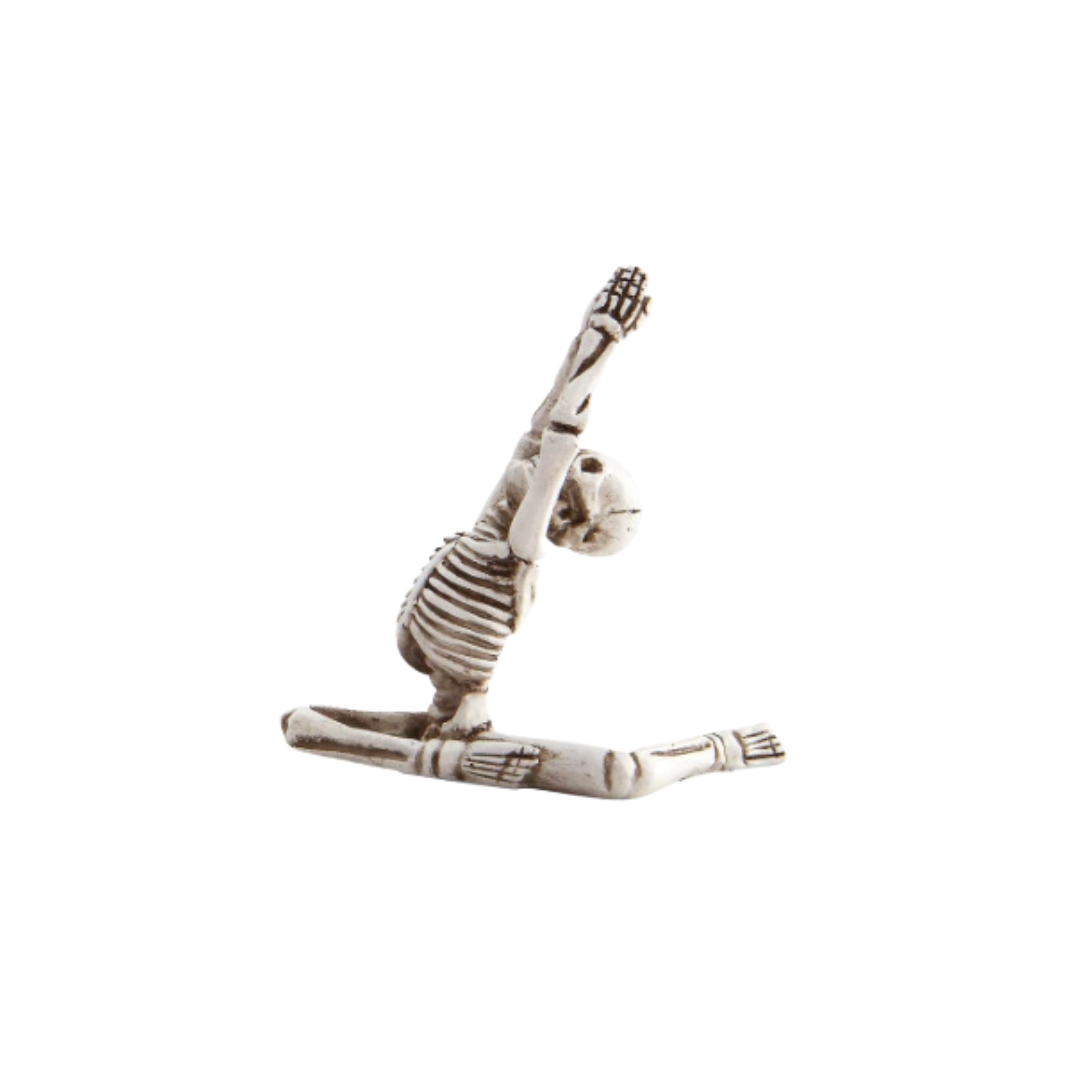 Skeletal figure in a yoga pose on a white background