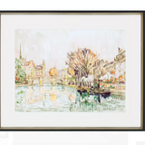 Framed watercolor art print of Pont Neuf in Paris, featuring a serene riverscape with colorful trees and historic architecture. Dimensions: 27" H x 33" W x 2" D.