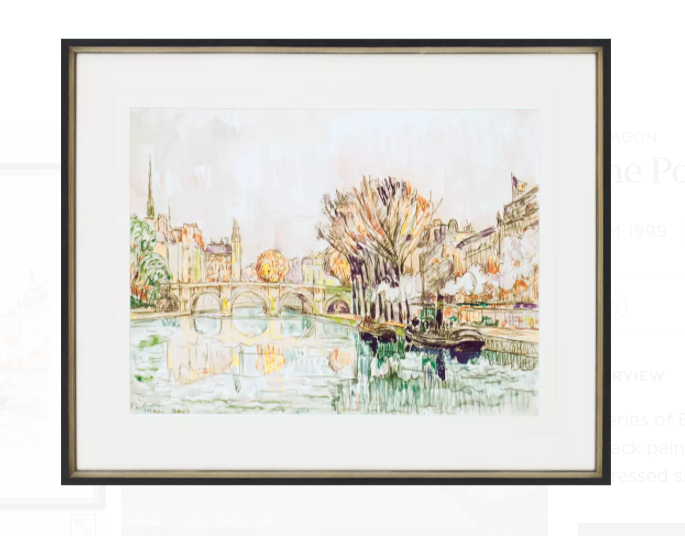 Framed watercolor art print of Pont Neuf in Paris, featuring a serene riverscape with colorful trees and historic architecture. Dimensions: 27" H x 33" W x 2" D.