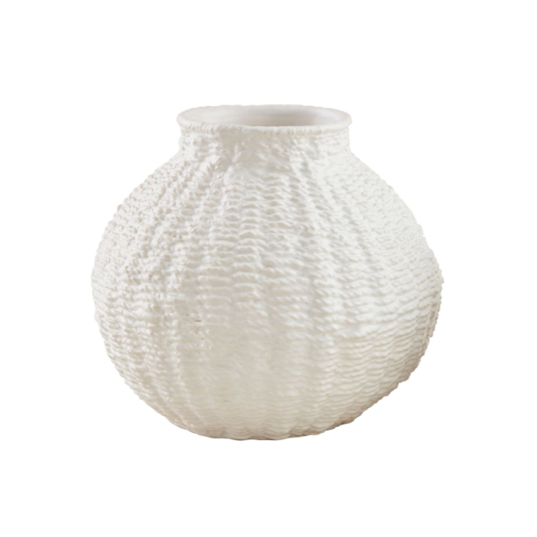 white woven ceramic round vase