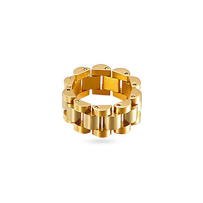 Gold chain-style ring on a white background