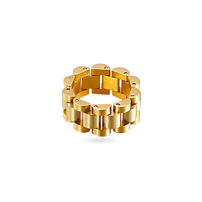 Gold chain-style ring on a white background