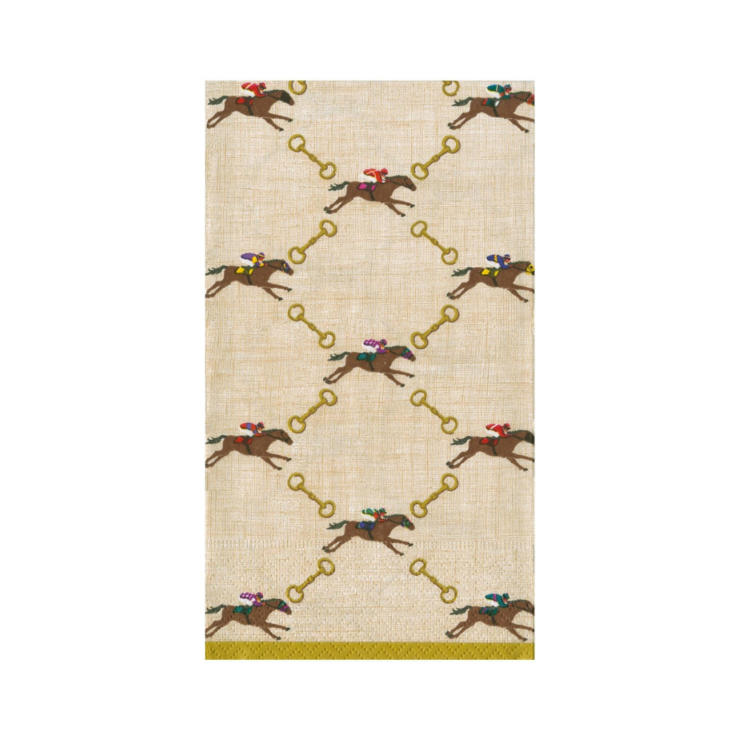 neutral guest towel with racing horses and horse bit design on white background