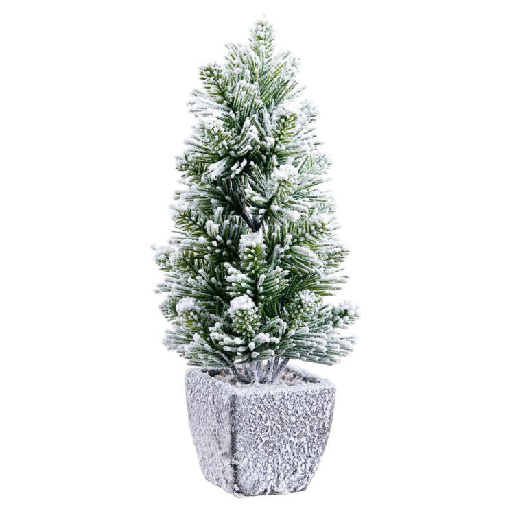 snowy potted pine tree