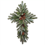 evergreen pine cross with pinecones, berry twigs, and eucalyptus leaves