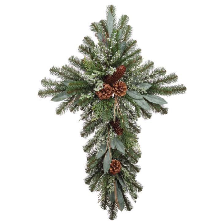 evergreen pine cross with pinecones, berry twigs, and eucalyptus leaves