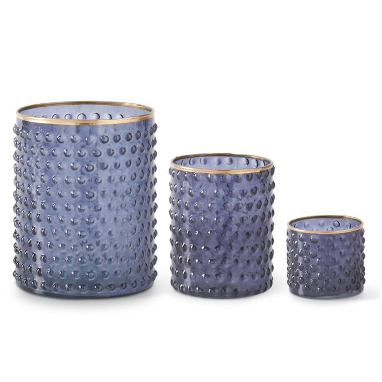 blue dot embossed container with gold painted rim, three sizes