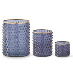 blue dot embossed container with gold painted rim, three sizes