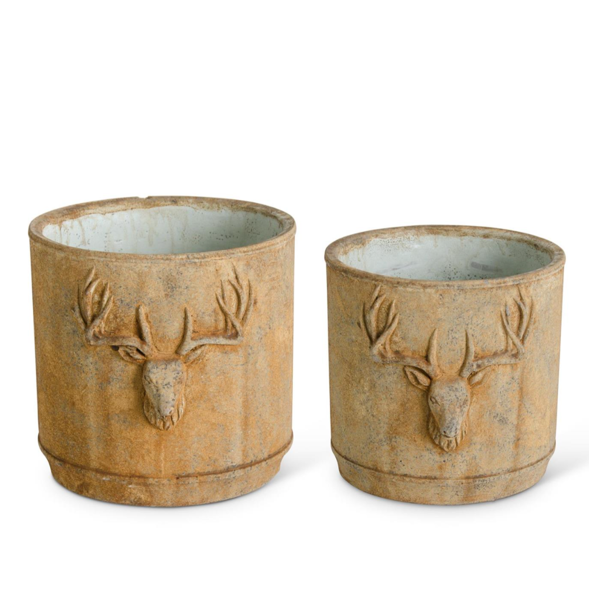 cream cement planter with deer head, rusty finish