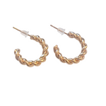 A pair of gold-tone hoop earrings with a twisted rope design and push-back closures,